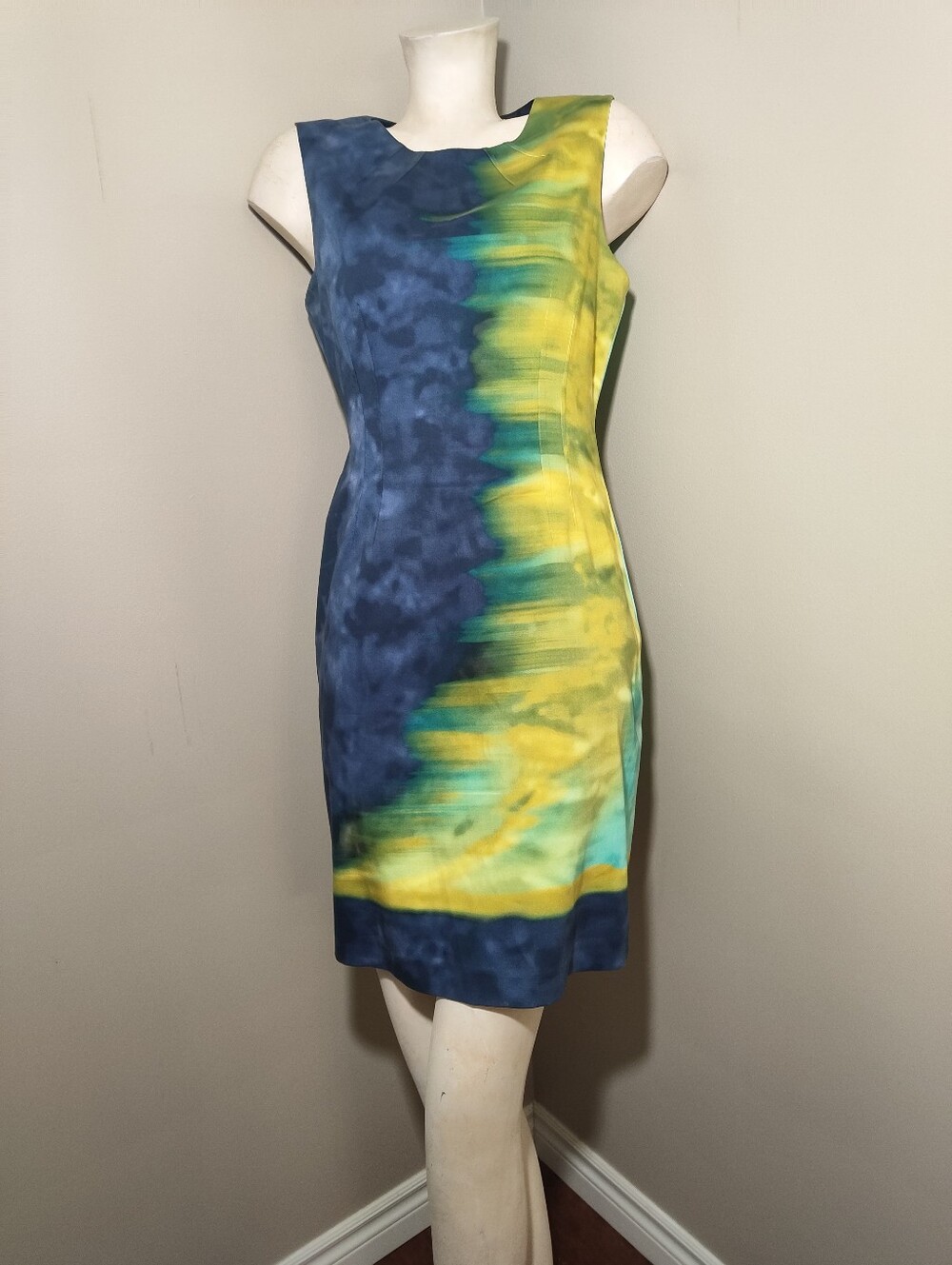 Elie Tahari Colorblock Sheath Dress Watercolor Print Sleeveless Cotton Blend 10 - Picture 14 of 16